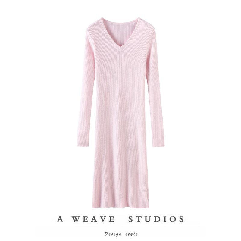 精致优雅~通勤好物~长款羊绒衫女V领中长款纯羊绒毛衣针织连衣裙