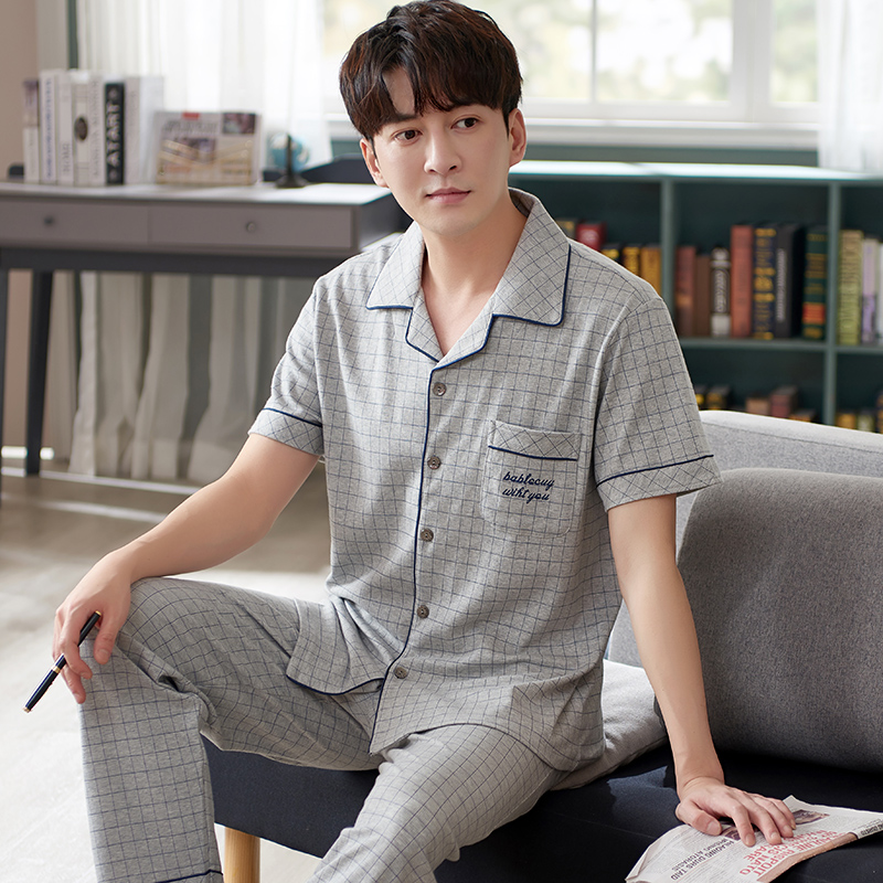 夏季纯棉a男睡衣短袖长裤格子爸爸家居服中年男士薄款大码半袖套