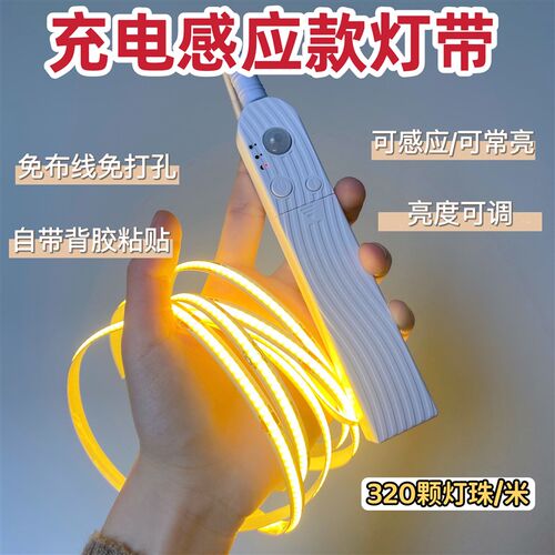 充电款光控人体感应灯带免打w孔布线无线自粘衣橱鞋柜装饰氛围灯