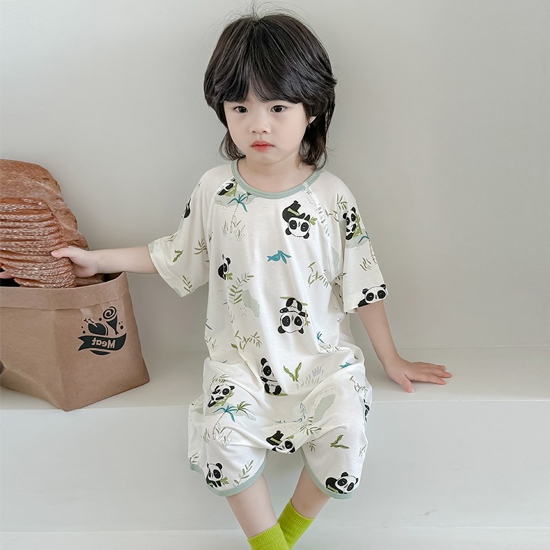 夏季宝宝连体睡衣薄款儿童短袖睡袍防踢男童护肚空调服冰丝睡裙女