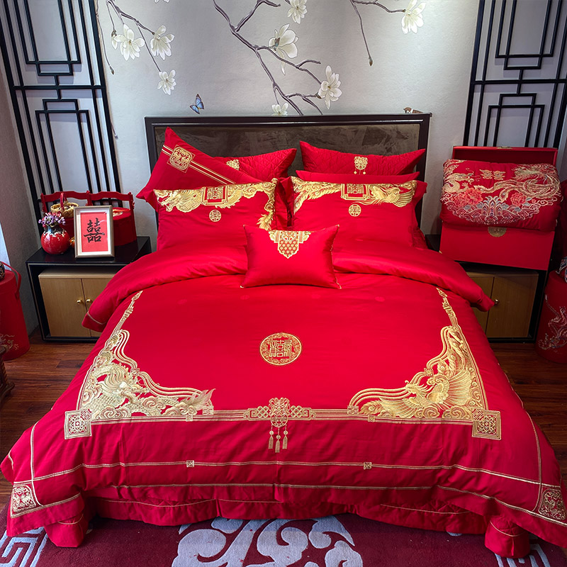 中式古典婚庆100支全棉u四件套龙凤喜刺绣大红色被套床单床上用品