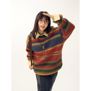 毛衣女2024秋冬新款 宽松慵懒风针织 p美式 复古撞色条纹上衣情侣装