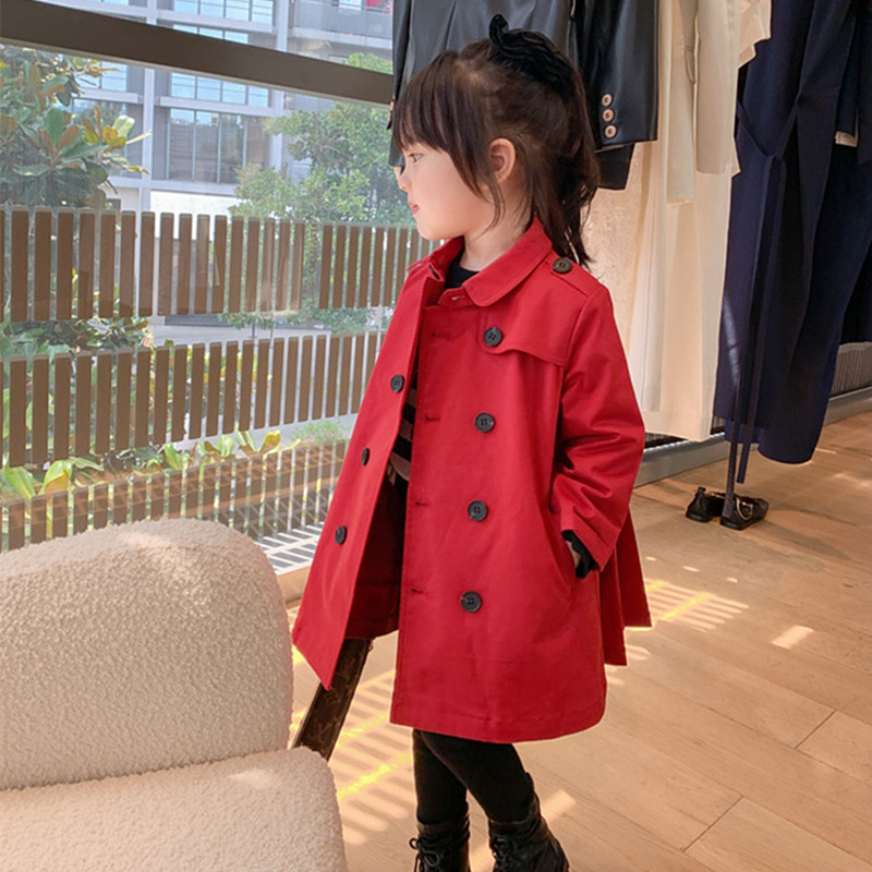 女童风衣2021新款秋装韩版儿童英伦洋气红色大衣宝宝中长款外套潮