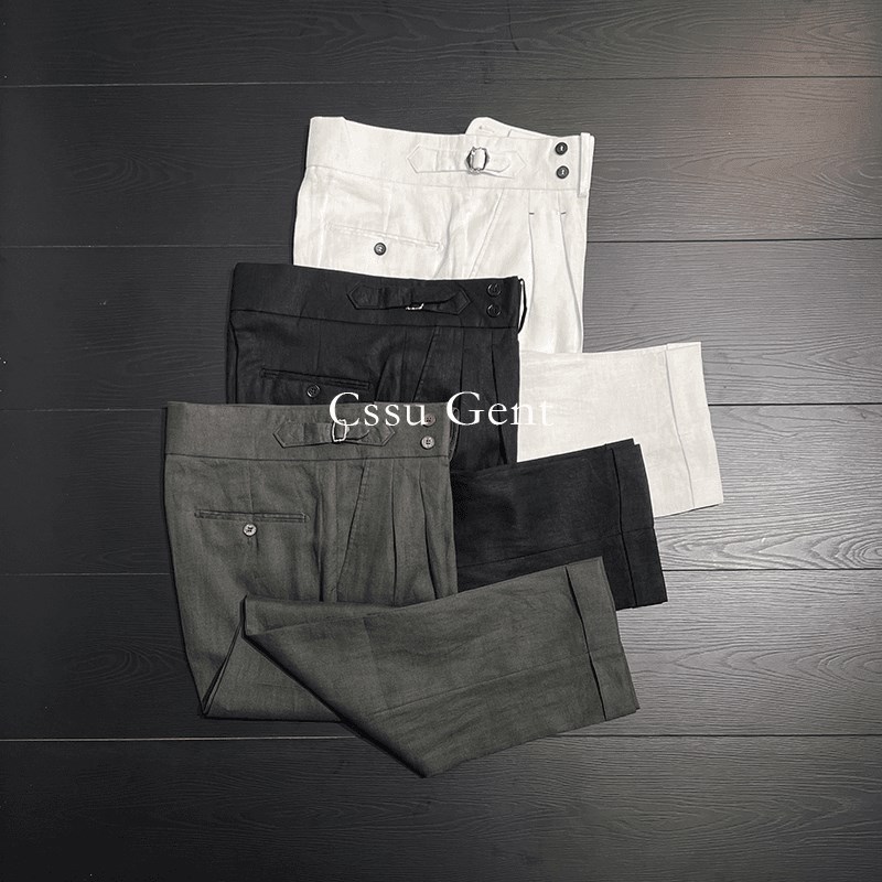 高定夏季100%那不勒斯双褶直筒亚麻西裤男士休闲百搭透气九分裤