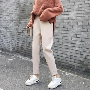 白色裤哈伦裤女秋冬高腰s宽松加绒毛呢奶奶九分显瘦小脚老爹萝卜