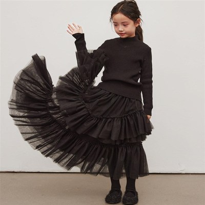 韩系童装女童气质蓬蓬纱黑色半身裙长款公主风蛋糕裙+针织衫毛衣