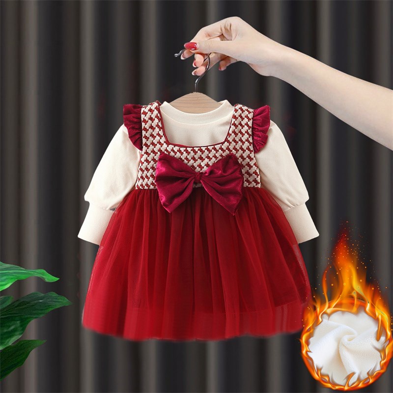 女童秋冬加绒连衣裙3儿童公主裙1周岁女宝宝礼服儿童过年衣服裙子