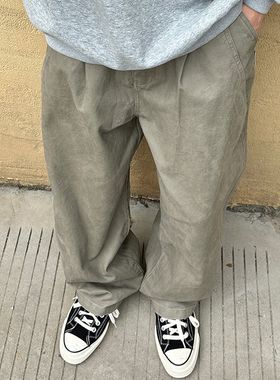 纯棉休闲长裤男生春秋款日系卡其色宽松直筒垂感男款秋天裤子男
