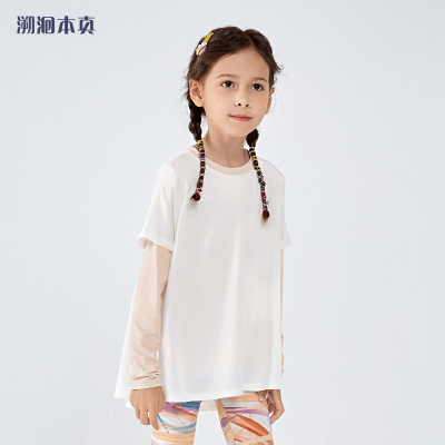 女童仙女T恤春夏季儿童打底衫假两件运动衫速干衣防晒长袖训练衣