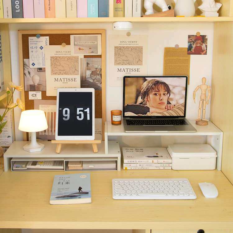 双层拉伸电脑增高架白色桌面ins可放抽屉笔记书桌办公室垫高置物