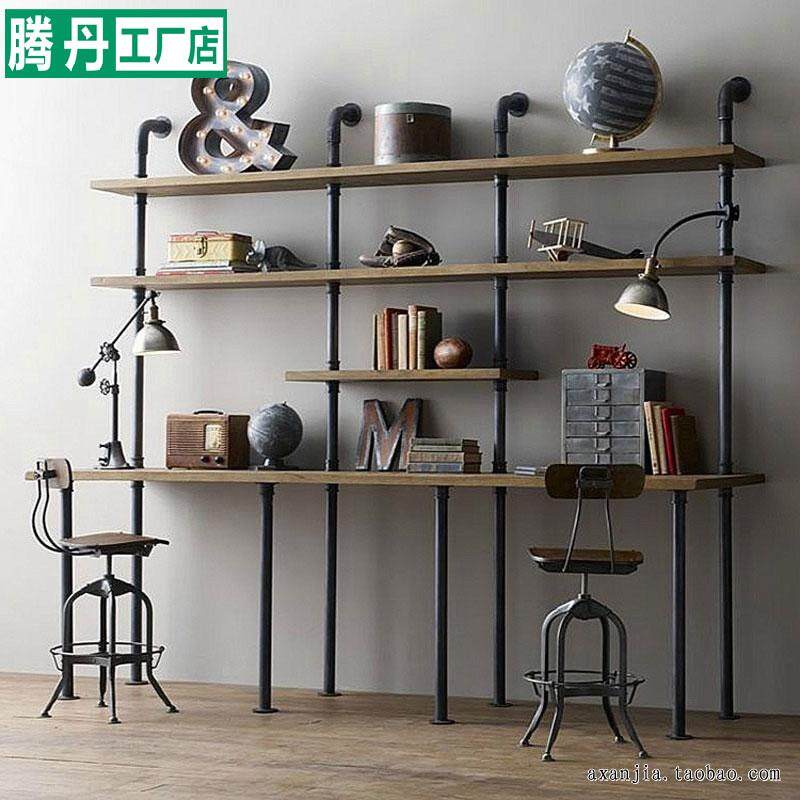 美式乡村简约水管墙上置物架覆古loft工业风一字隔板书桌书架一体