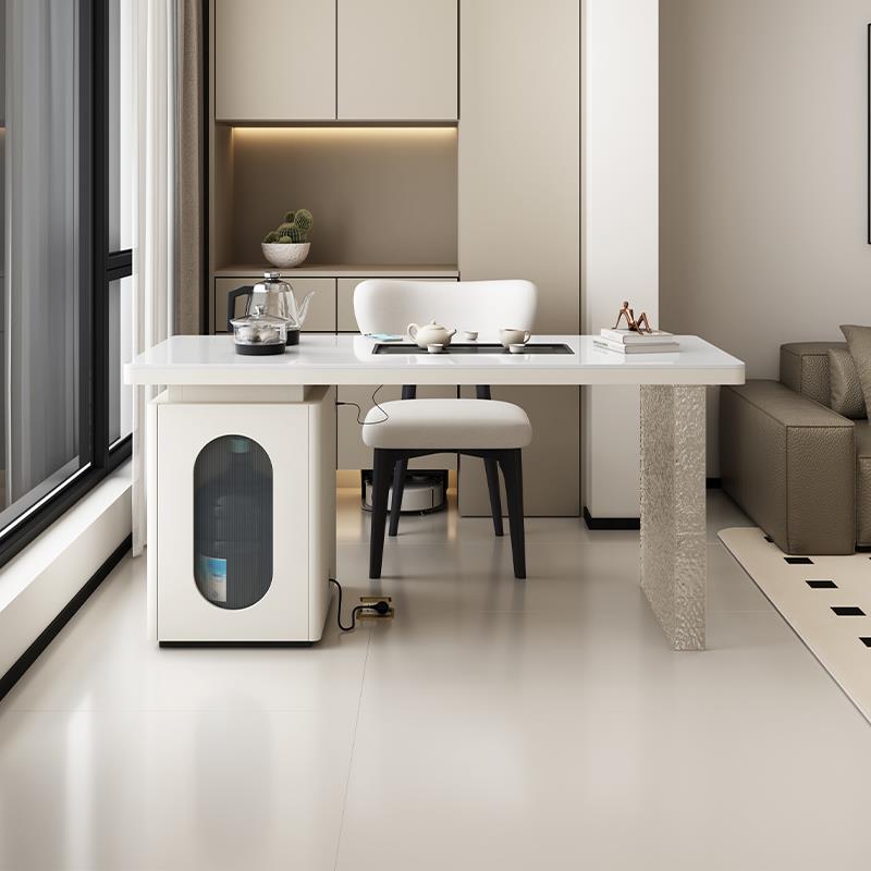 阳台功夫岩板小茶台家用客厅小户型奶油风茶桌椅组合嵌入式泡茶台