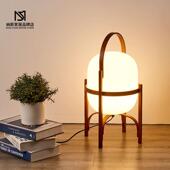 饰创意手提篮立式 中古侘寂风实木台灯客厅卧室书房牀头灯日式 装 灯