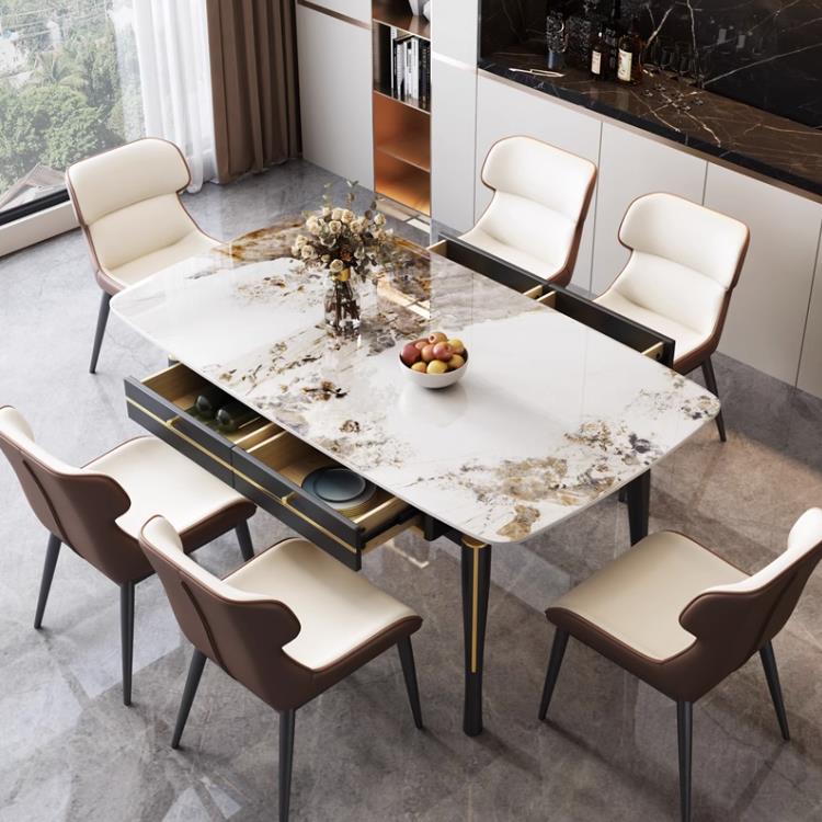 实木岩板餐桌椅组合新款简约亮光现代轻奢可储物带抽屉长方形方桌