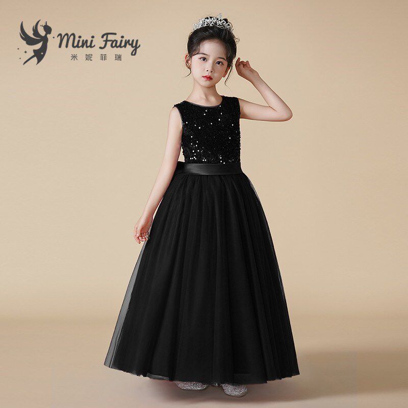 女童高端亮片晚礼服黑色合唱指挥服钢琴演出服长款网纱蓬蓬裙定制