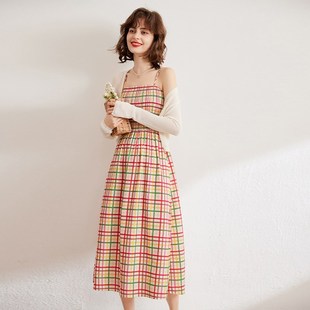 套装 女式 甜美温柔吊带裙针织开衫 白鹿语气质披肩彩格两件套夏季