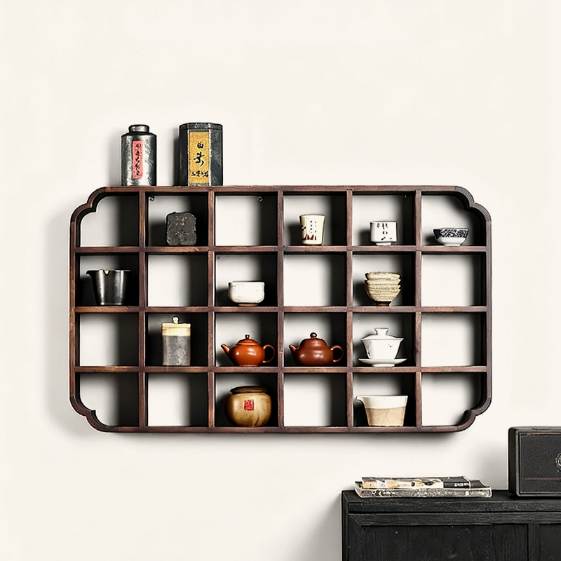 楸木博古架茶具展示架子实木壁挂式多宝阁茶杯收纳中式茶杯置物架