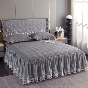通用公主风夹棉床裙式 四季 床罩单件高级感双层纱花边床围床套防滑
