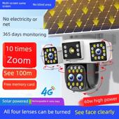太阳能监视器360度无盲点手机遥控无网络家庭户外三屏摄像头