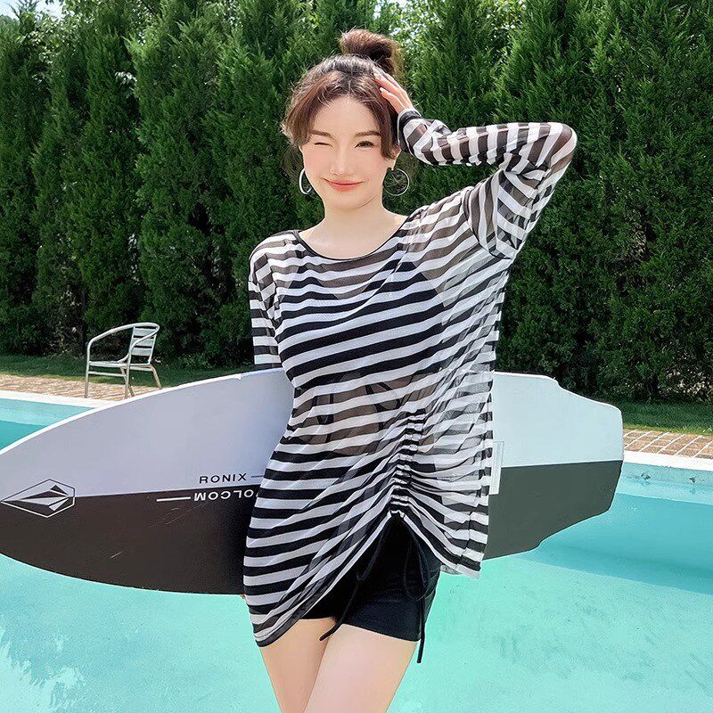 高级感三件套分体泳衣女款2025新款遮肚显瘦长袖度假泡温泉游泳装