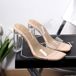 女夏中跟仙女风小码 2025年新款 拖鞋 一字带方头透明水晶粗高跟凉鞋