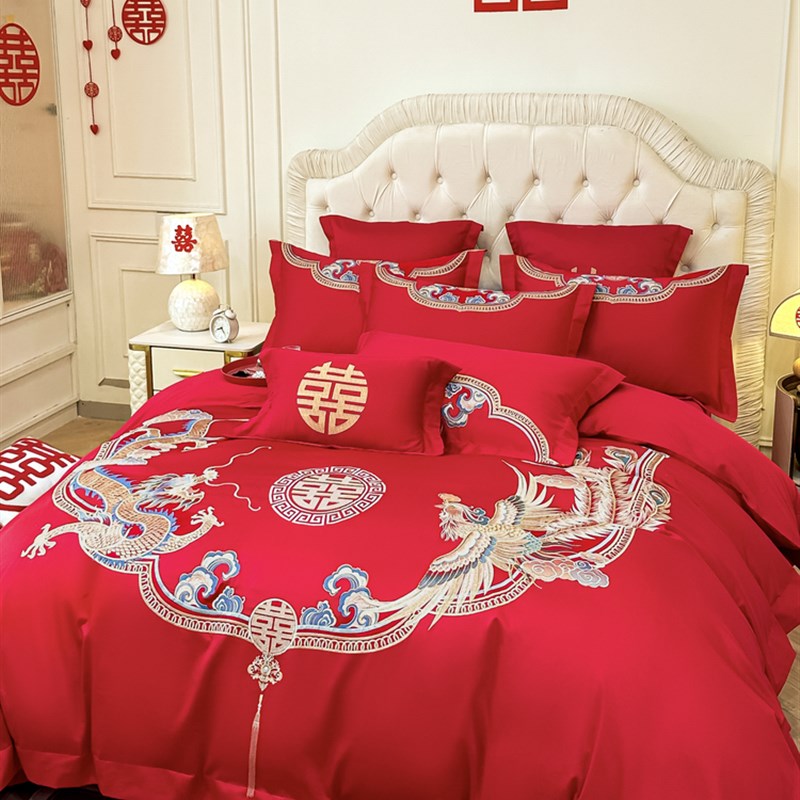 高档中式龙凤刺绣四结婚四件套大红色新婚房被套床单婚庆床上用品