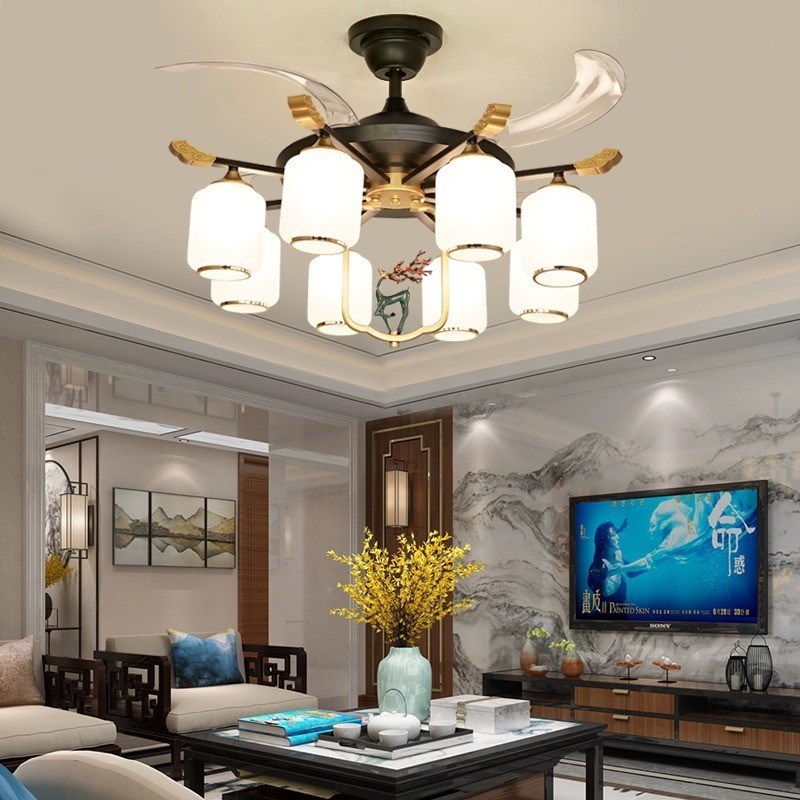 现代新中式隐形风扇灯客厅大气家用简约卧室风扇吊灯餐厅吊扇灯具