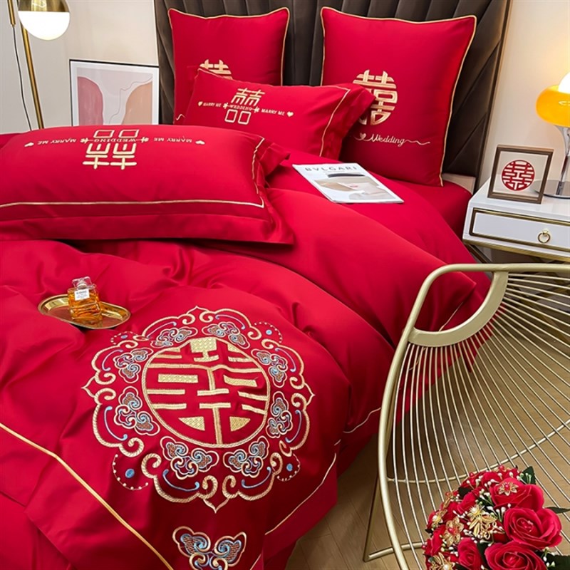100支长绒棉全棉大红婚庆刺绣结婚喜庆床单被套欧式床品四件套