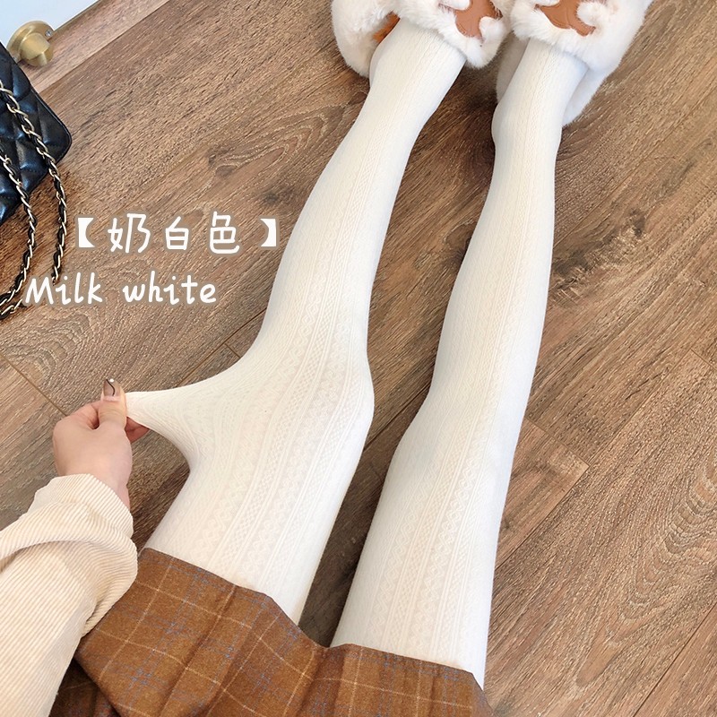 秋冬加厚打底裤女日系jk奶白色丝袜麻花麦穗保暖加绒米白色连裤袜