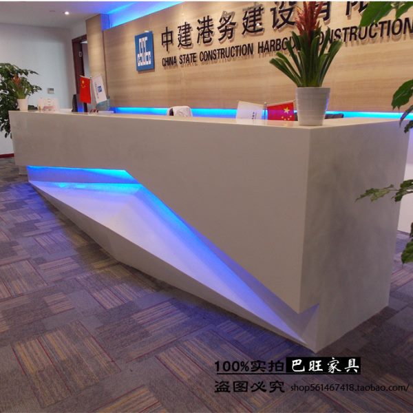定制亮艺术光桌美容院公司前台接待台异形整体白色烤漆吧台咨询台