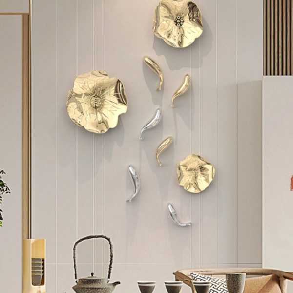 创意立体鱼壁饰墙饰挂件新中式客厅餐厅背景墙面复古玄关装饰荷叶