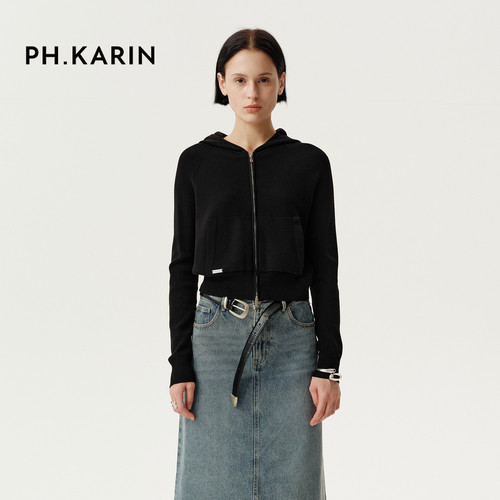 【早春型录】PH KARIN黑色连帽百搭显瘦短款针织开衫女2025春新款