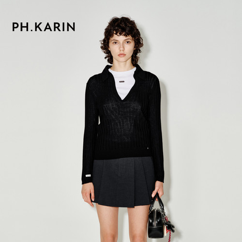 【慢人叙事】PH KARIN100%绵羊毛黑色V领长袖针织衫女25秋季毛衫