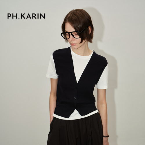 PH KARIN休闲风藏青色假两件圆领针织衫女秋通勤