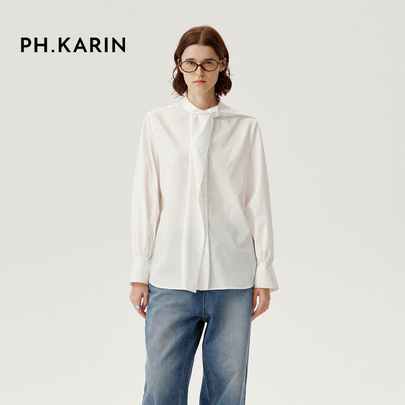 【自在新年】PH KARIN天丝混纺白色设计感领口飘带衬衫女春装新款