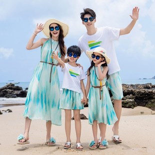 海边度假亲子装一家四口母女装沙滩裙大码宽松连衣裙女童长裙三亚