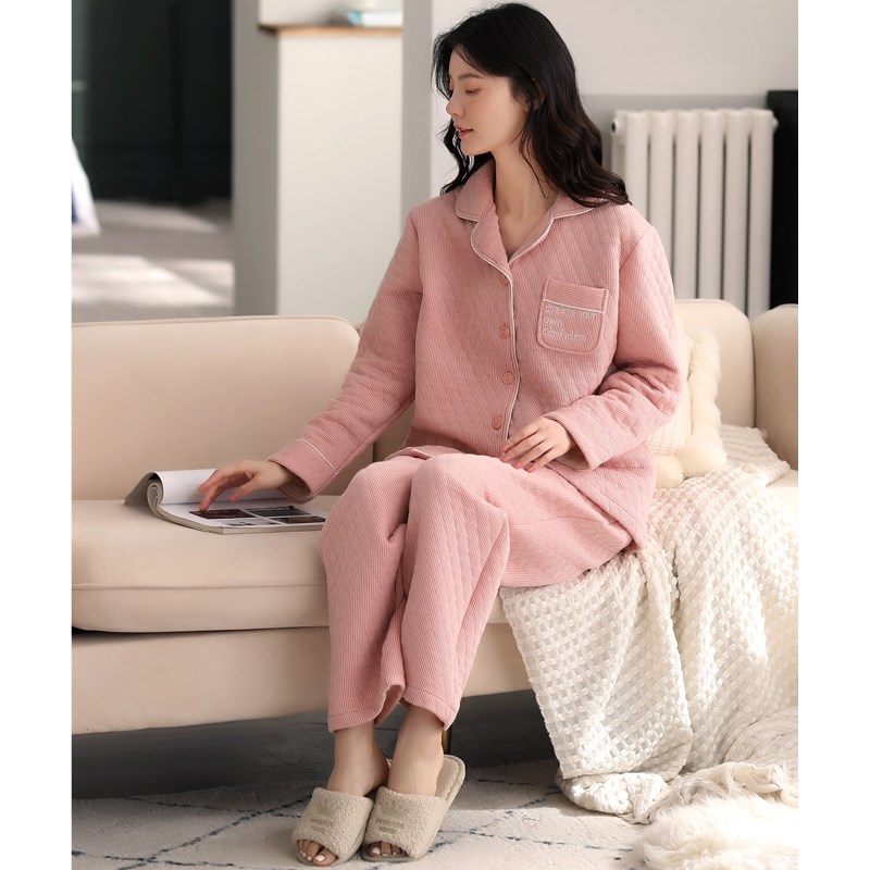 秋冬季女士睡衣三层保暖夹层加厚长袖纯棉家居服女全棉薄夹棉睡衣