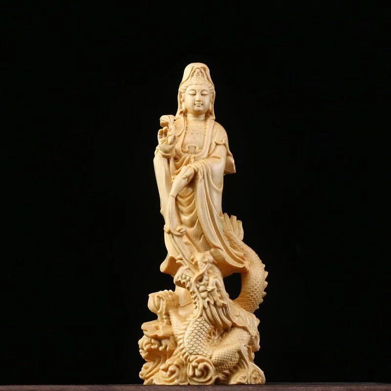 桧木雕摆件滴水观音佛像工艺品手把玩件 实木雕刻摆件御龙观音
