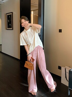 NAZ那子大码夏季新款松紧腰晕染显瘦阔腿裤胖mm宽松垂感直筒裤女