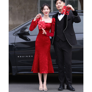 敬酒服新娘长袖 秋冬 平时可穿订婚连衣裙红色礼服裙冬2024回门便装