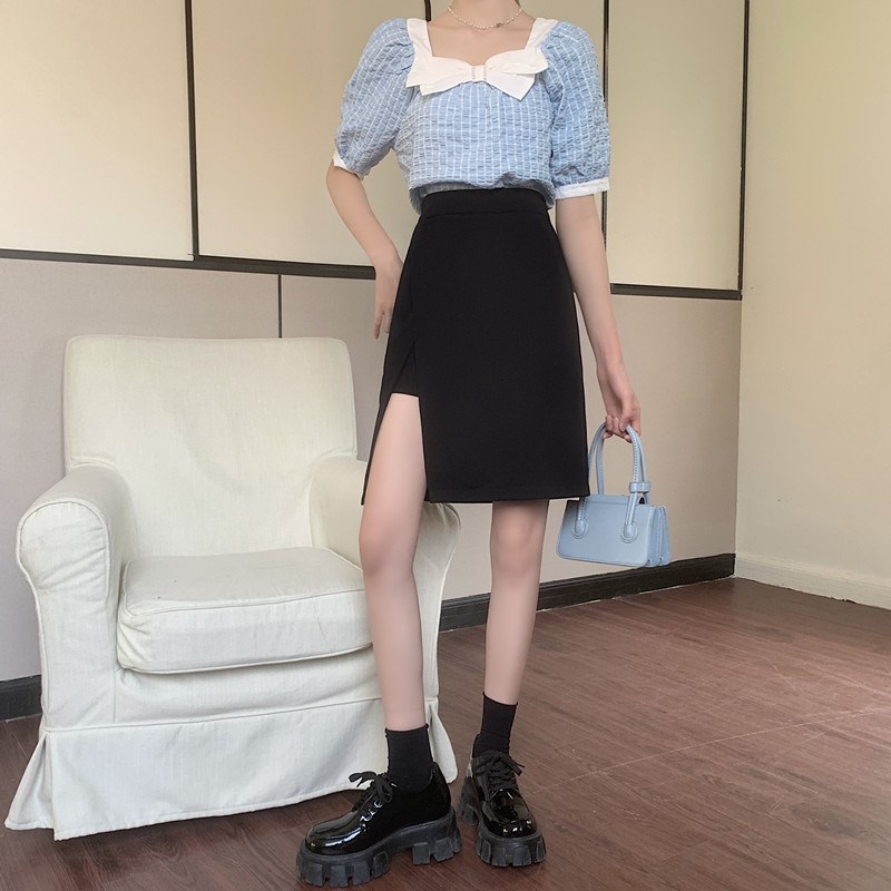 大码直筒高腰a字中裙胖mm夏季遮胯显瘦黑色半身裙设计感西装裤裙