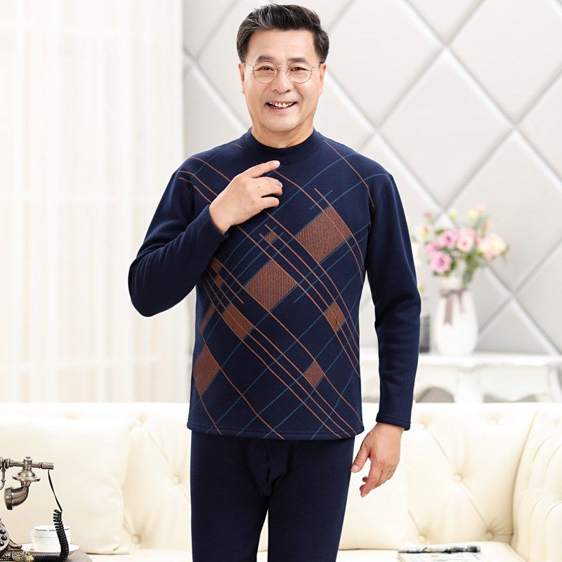 中老年人保暖内衣男士加厚加绒套装中年爸爸高领老人全棉冬季防寒
