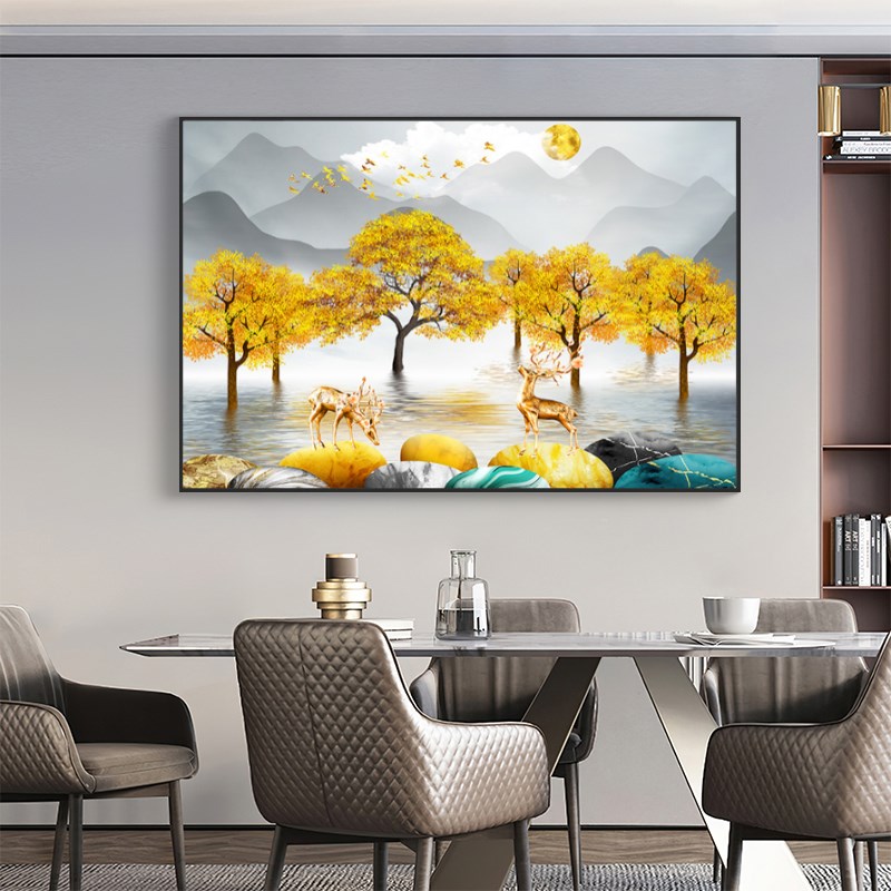 石来运转轻奢餐厅装饰画现代简约饭厅挂画背景墙横版壁画麋鹿墙画