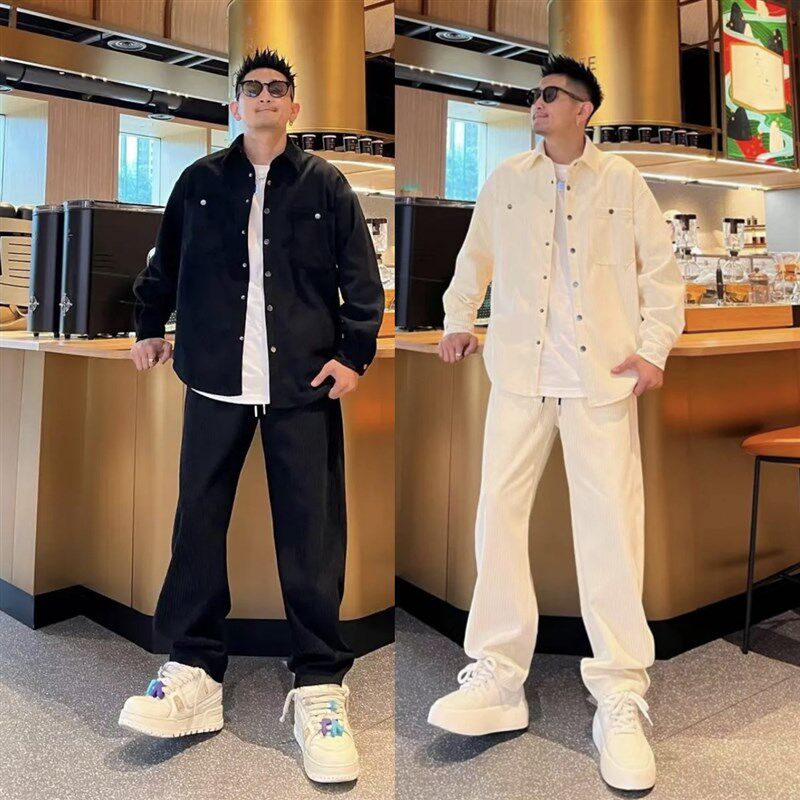 秋季新款高级感条纹设计时尚休闲套装男女款衬衫外套休闲裤两件套,男装,时尚套装,淘宝优惠券,粉丝福利购,淘宝优惠卷