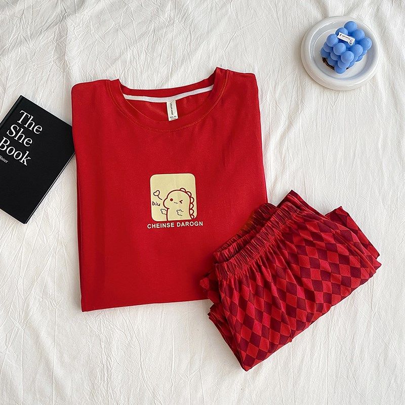 新年红色睡衣情侣夏季纯棉薄款短袖三件套装男女士大码卡通家居服