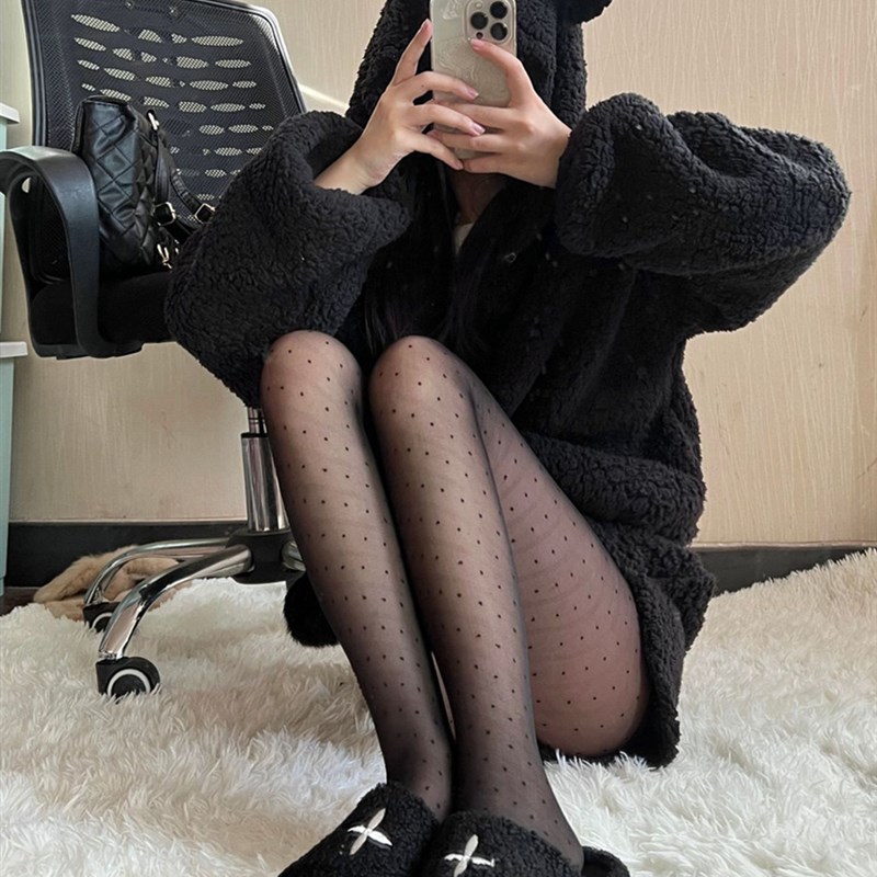 斩男款!显瘦斜纹点点薄款黑丝袜子 甜美小性感白色美腿连裤袜女