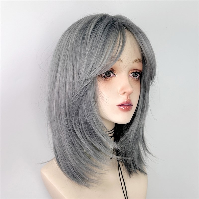 蓝色假发狼尾假发短发中分鲻鱼头灰蓝色男生女少年感亚文化全头套