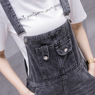 女生小个子牛仔背带阔腿短裤2024夏宽松高腰灰色柔软薄款牛仔短裤