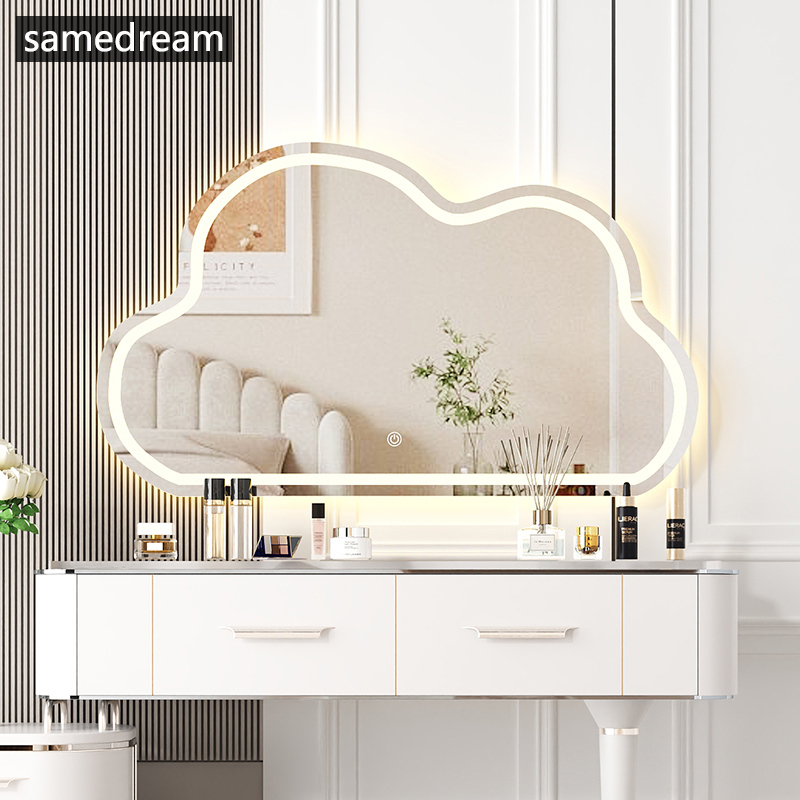 云朵化妆镜化妆台镜子桌面可黏贴壁挂智能触控屏幕带灯发光化妆镜