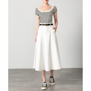 2024夏秋新款高腰白色伞摆含腰带休闲显瘦中长款a字半身牛仔裙女